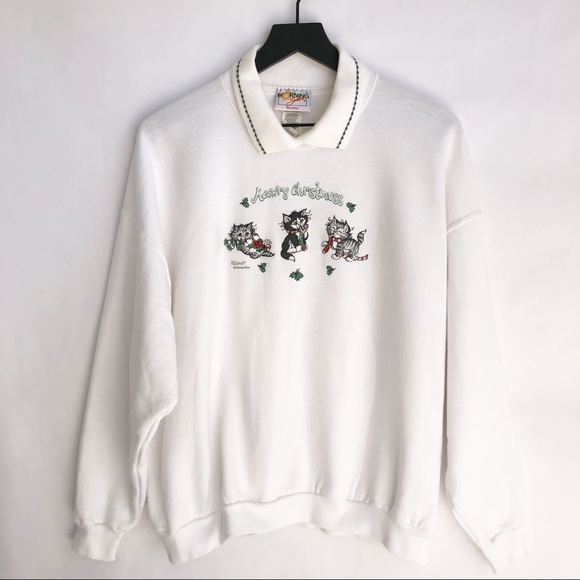 Vintage Sweaters - Vintage Cat Ugly Christmas Sweater White